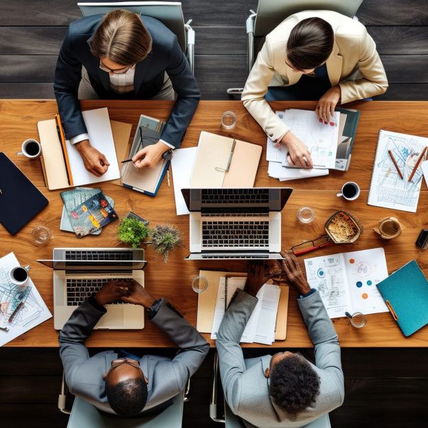 Top view of group of multiethnic busy people working in an office, Aerial view with businessman and businesswoman sitting around a conference table with blank copy space with generative ai